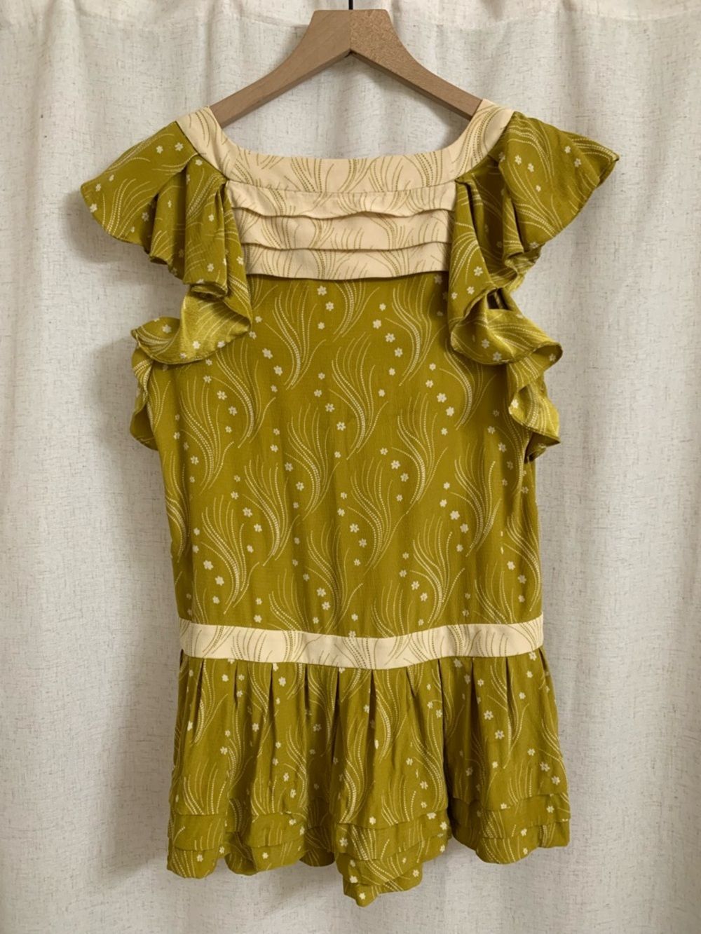 Leifsdottir Anthro 100% Silk Chartreuse Boho Ruffle Trim Women's Top 6 - Picture 8 of 8